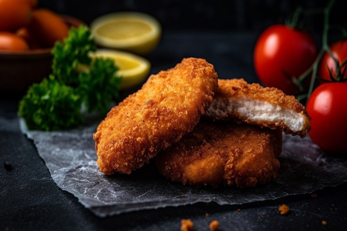 Chicken cutlets with tomato and lemon in background